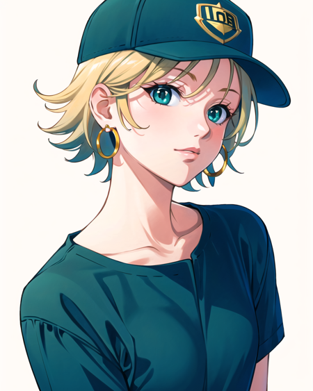 yuuki nobuteru, yuuki nobuteru, masterpiece, best quality, 1girl, aqua eyes, baseball cap, blonde hair, closed mouth, earrings, green background, hat, hoop earrings, jewelry, looking at viewer, shirt, short hair, simple background, solo, upper body, yellow shirt <lora:yuuki_nobuteru_offset:1>