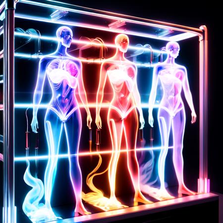 photo, scifi photonic cloning equipment, human bod forms from vibrant (colored glowing smoke:1), hi tech machine rack (photoniccloning style:1)  <lora:djzPhotonicCloning:0.8>