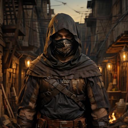 <lora:RPGBandit:1> bandit, solo, looking at viewer, brown hair, 1boy, brown eyes, weapon, male focus, belt, hood, armor, mask, cloak, mouth mask, fire, gloves, pouch, scar, ((medieval alley)), ((night))