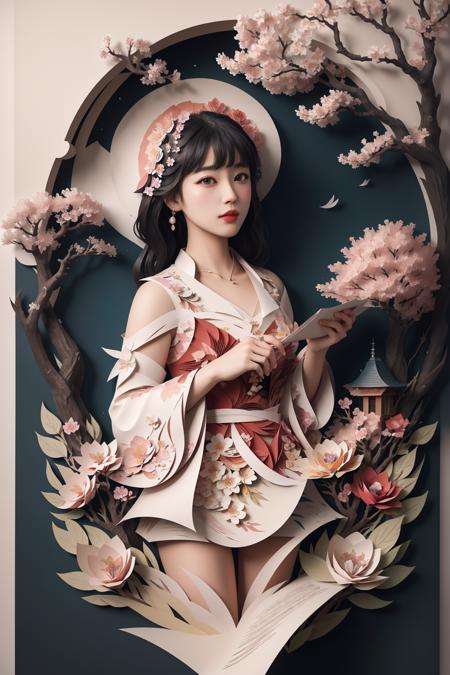 ((best quality)), (ultra high res), absurdres, high detailed, ((paper cut art)), flower, tree, cherry blossom, branch, decorative, no humans, artistic, realistic, 8k, masterpiece, <lora:papper:0.75>