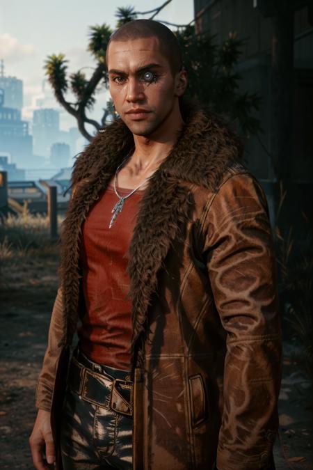 (masterpiece, best quality:1.2)
RiverCyber, 1boy, male focus, solo, bald, jewelry, realistic, tree, belt, outdoors, necklace, red shirt, shirt, jacket, dark-skinned male, fur trim, dark skin, (artificial eye:1.3)
<lora:add_detail:0.7> <lora:epi_noiseoffset2:1>  <lora:RiverCyber:0.9>