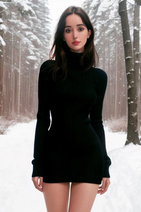 (photo of saraml:0.99), a woman, ((short hair, black hair)), (cowboy shot, waist, hips, thighs):1.2),((outdoors, forest, snow)),(walking), (lipstick, eyeliner, eye shadow), (pale skin), slight smile, ((tight turtleneck sweater dress)), perfect hourglass figure,((detailed eyes, detailed face))(masterpiece:1.2)