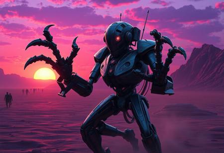 Create a dramatic and powerful dungeonpunk-robot concept art with a barren earth backdrop and a purple sunset, emphasizing a 5-fingered robot with extreme detail and a strong, full-body presence. Incorporate the styles of Artgerm, Greg Rutkowski, Alphonse Mucha, and Simon Stalenhag. The image should be rendered in high-quality, photorealistic detail, similar to a digital painting or an Unreal Engine 5 output. The focus should be sharp and the overall aesthetic should evoke a sense of cinematic beauty.