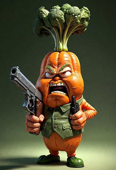 a grumpy carrot Holding a pistol in his/her detailed hands <lora:Pistolero-000015:0.8>