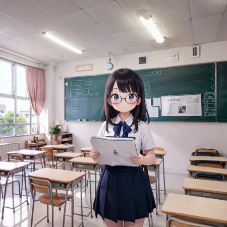 best quality, ultra-detailed, illustration,
,1girl, glasses, black hair, long hair, black eyes, school uniform, blush, looking at viewer, standing,
kyoshitsu, classroom, scenery, chalkboard, window, school, indoors, clock, sunlight, school desk, bulletin board, shade, curtains, school chair, ceiling light, shadow, artist name, book, ceiling, day, paper, 
 <lora:kyoshitsu_SD15_V3:0.8>