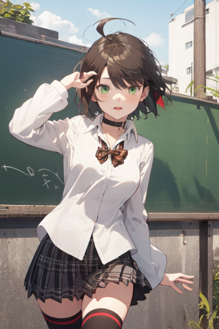 AkaneFujisaki, 1girl, short hair, checkered skirt, brown hair, white shirt, thighhighs, medium breasts, school uniform, green eyes, ahoge, pleated skirt, choker, collared shirt, miniskirt, bowtie, plaid skirt, red bowtie, sleeves rolled up, 