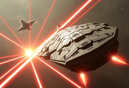 A photograph of a huge spaceships, star wars style, fighting eachother with intermitent lasers beams.