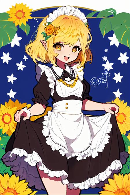 Pisces, 1girl, food, apron, solo, honey, maid headdress, yellow theme, short sleeves, pancake, holding, dress, short hair, fruit, puffy sleeves, frills, flower, pancake stack, open mouth, puffy short sleeves, smile, maid, looking at viewer, honeycomb (pattern), antennae, bangs, bow, yellow eyes, holding plate, hair flower, blonde hair, wings, plate, hair ornament, white apron, frilled apron, waist apron, striped, maid apron, skirt hold, yellow dress, :d, leaf<lora:Pisces:1>