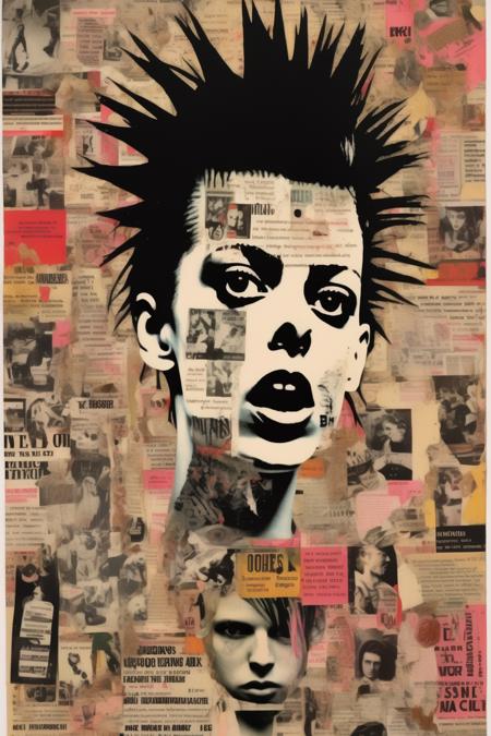 <lora:Punk Collage:1>Punk Collage - A punk flyer with a chaotic collage of images and texts, symbolizing the DIY and grassroots aspect of punk culture