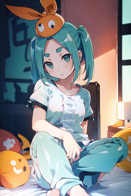 1girl, female, solo, yotsugiononoki, (ononokihat), hat, <lora:zaadyotsugi-v1:0.7> aqua_hair, short_hair, green_eyes, twintails, white_shirt, casual, pajamas, detailed:1.4, background, hdri, 4k, masterpiece,
day, room, house, indoors,