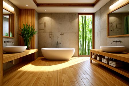 <lora:pytorch_lora_weights_361535:1>,Zen Bathroom, a tranquil Zen-inspired bathroom with bamboo floors, a stone wash basin, and a large wooden soaking tub. The space features minimalist design, neutral tones, and natural materials, along with soft lighting to enhance the peaceful ambiance.,, Masterpiece,best quality,realistic,HDR, 8K, masterpiece, best_quality, absurdres, ultra-detailed, highly_aesthetic, depth_of_field