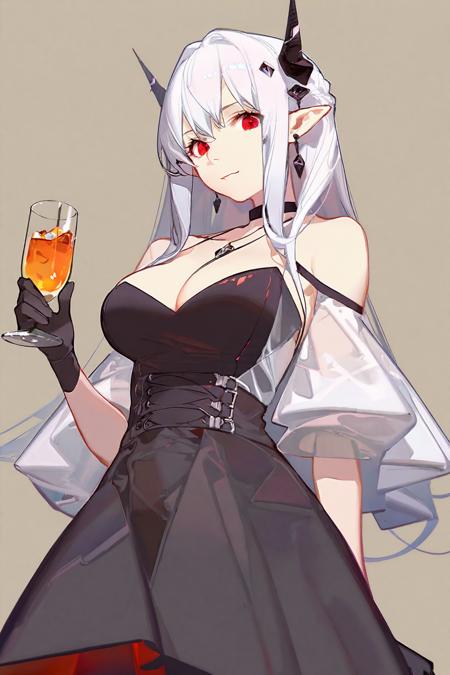 best quality, by ask, 1girl, mudrock \(arknights\), solo, white background, simple background, upper body, looking at viewer, drinking glass, holding cup, holding, horns, pointy ears, closed mouth, red eyes, long hair, white hair, hair ornament, bangs, large breasts, breasts, innerboob, gloves, dress, black dress, black gloves, jewelry, detached sleeves, bare shoulders, short sleeves, necklace, earrings, official alternate costume, single glove, cleavage, cup, choker, black choker, drink, hand up