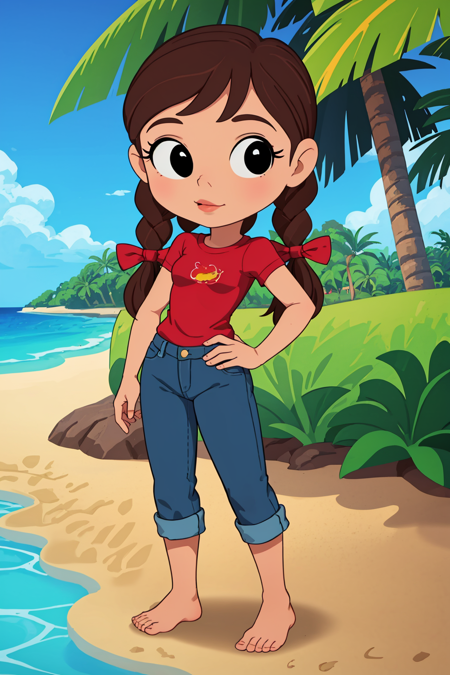 masterpiece, best quality, 1girl, dorothy, brown hair, twin braids, black eyes, red shirt, denim pants, full body, solo, looking at viewer, sea, sand, blue sky, tropical island background  <lora:Dorothy:0.8>