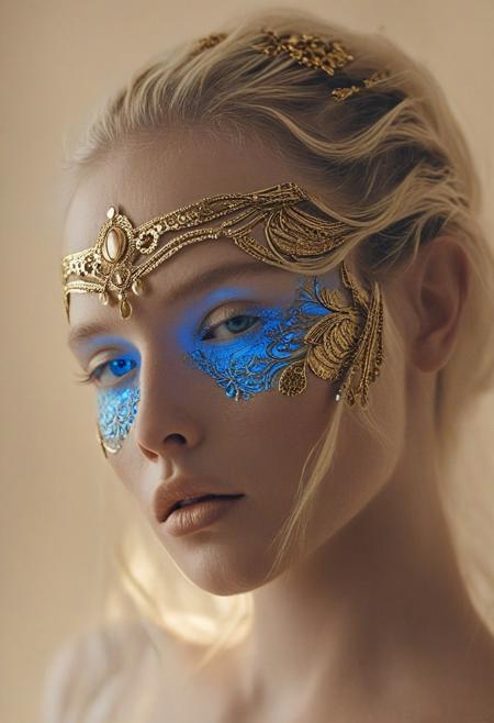 close-up portrait of a person with strikingly intense blue eyes. The person is wrapped in a textured, light-colored cloth (resembling ivory or off-white) adorned with gold accents. The facial adornments include intricate gold designs resembling filigree or mechanical elements, placed symmetrically across the forehead and cascading slightly over the face. The gold accents seem to blend organically with the fabric and skin, creating a celestial or futuristic aesthetic. The overall tone is soft, with the gold elements providing vibrant contrast against the pale hues of the skin and fabric. The style combines elements of fantasy and modern art, evoking a sense of mystery and elegance.