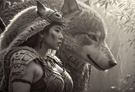 Monochrome, Into-darkness, side view, a busty female warrior in bamboo armor standing infront of wolf, closeup, extrem volumetric lighting backdrop, atmospheric haze, Film grain, cinematic film still, shallow depth of field, highly detailed, high budget, cinemascope, moody, epic,