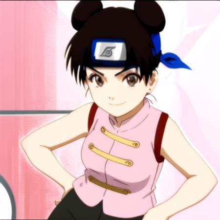 <lora:tenten-04:1>, tntn, 2 buns, short brown hair, "sleeveless pink shirt", girl, smile, black pants