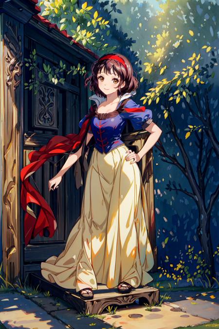 (masterpiece:1.4), (best quality:1.4), (high resolution:1.4), snow white, 1girl, woman, light smile, looking at viewer, (medieval dress, yellow skirt, long skirt, red hairband), pose, medieval house, grass, forest, <lora:SnowWhite_v1:1> <lora:tools_more_details:0.5>