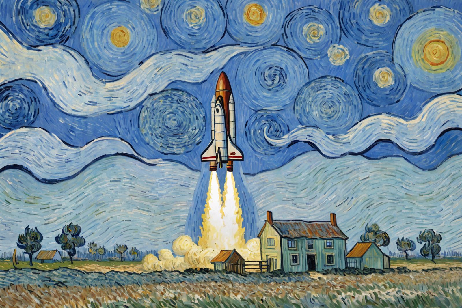 A Space Shuttle Landing in a Painting of a Starry Night