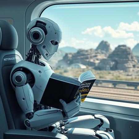Robot humanoid sitting in futuristic train and reading a book "Machine Learning for Dummies", train is passing by futuristic landscape.