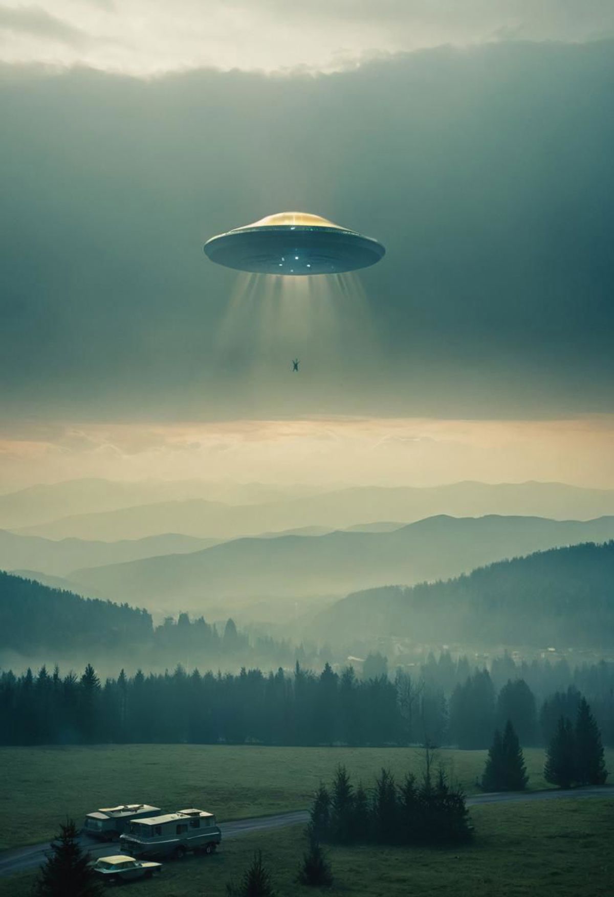 A UFO is hovering over a forest, with a figure below it.