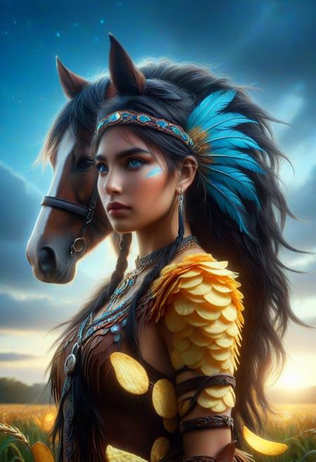 made out of potato chips  
native american, 1girl, sky, braid, riding, cloud, outdoors, solo, long hair, jewelry, dark skin, day, feathers, blue sky, dark-skinned female, field, black hair, horse, saddle, reins, blue eyes, single braid, horseback riding, braided ponytail, animal, looking afar, headband, necklace, tribal, fringe trim, sleeveless, feather hair ornament, armlet, bracelet, facepaint, cloudy sky, earrings, wind, from side, looking ahead,
perspective, light and shadow, religious, mythological themes, magnificent, celestial, ethereal, moody, epic, majestic, magical, rich details, 
intricate details, highly detailed, ultra-detailed, absurdres, vivid, vibrant, volumetric lighting, 
midjourneyv6.1, ais-particlez, 
made out of potato chips