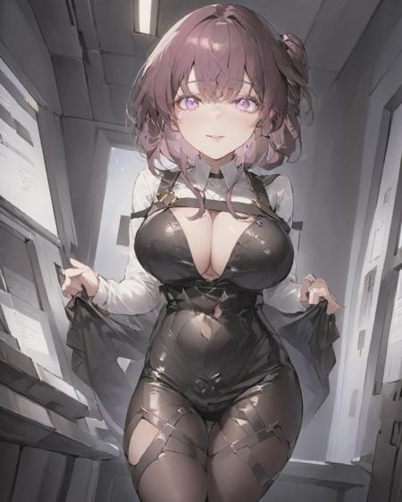 (kafkaxl), school uniform, black legwear, miniskirt, cleavage cutout, cleavage,grin, <lora:KafkaXLtest-000005:1> ,purple eyes, purple hair, 1girl, solo, (masterpiece,best quality,ultra_detailed,highres,absurdres:1.2), <lora:add-detail-xl:1.5> ,<lora:neg4all_bdsqlsz_xl_V7:1>