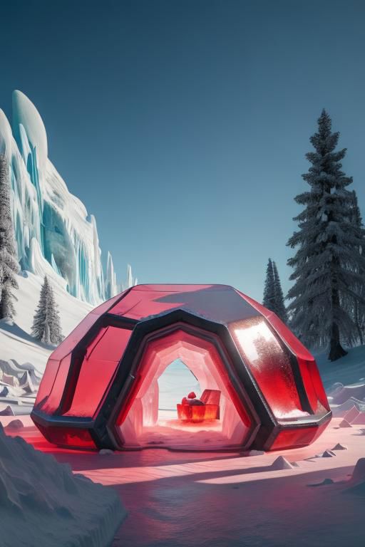 A red geodesic dome with a snowy mountain in the background.