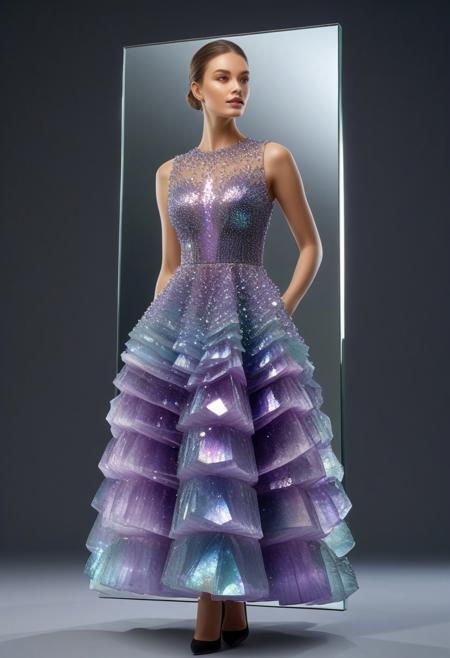 mirror, dress made of (photorealistic), fluorite mineral, iridescent, portrait, reflection, low angle angle, high quality, high definition, highly detailed, masterpiece,