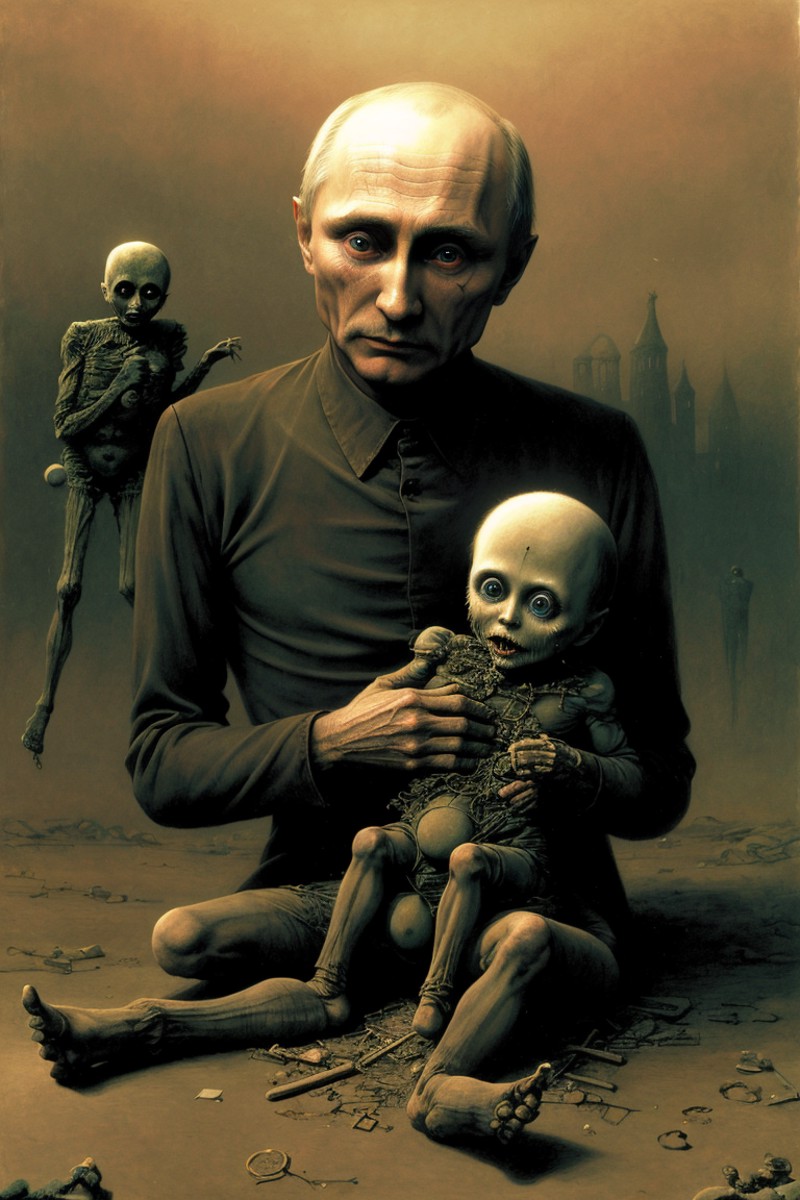 vladimir putin playing with doll, creepy, nightmare, disturbing, creepy, gloomy, rotten, by zdzislaw beksinski
