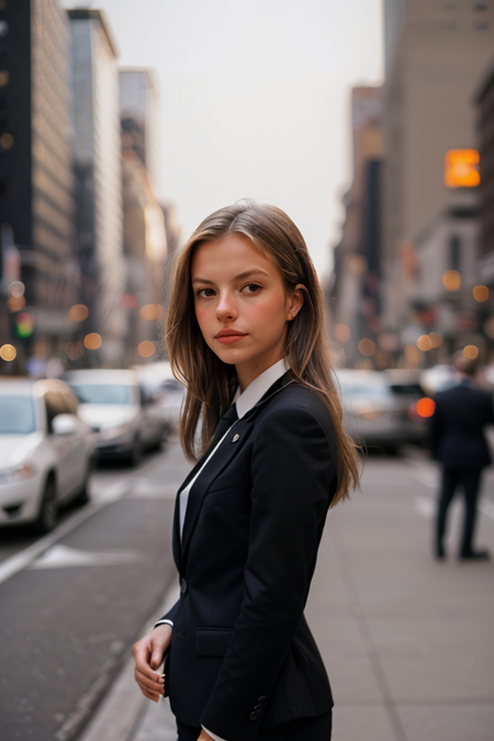 FloorBrinkman, photography by (Rodney Smith:1.3), ((upper body focus, shoulders)), modelshoot, pose, (business suit, black jacket, white blouse, facing viewer, busy Manhattan sidewalk, looking at viewer, blurry background, bokeh, ID photo:1.3), serious look