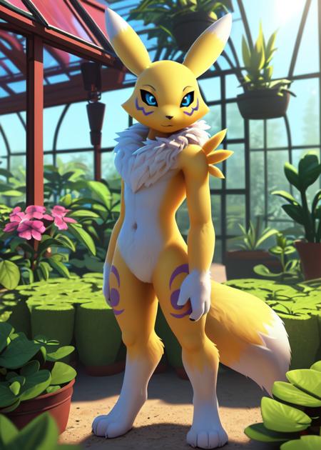 uploaded on e621, ((by Yookie, by Anton Fadeev, by Tomer Hanuka)),
solo (((chibi Renamon))) with ((yellow and white body)) and (neck tuft) and (large fluffy tail) and ((clear aqua blue eyes)),
 ((detailed fluffy fur)), ((full-length portrait, three-quarter view, looking at viewer)),
BREAK
((standing at greenhouse with pink and blue sky on sunny day)),
(masterpiece, best quality, ultra realistic, 4k, 2k, (intricate:1), (high detail:1.25),
(3d \(artwork\):1), blender \(software\), (soft focus), ray tracing, (unreal engine:1.2), absurd res)