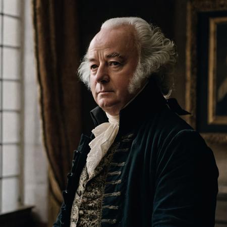 front shot, portrait photo of (( John Adams)) , looks away, natural skin, skin moles, cozy interior, 17th century attire, (cinematic, film grain:1.1)