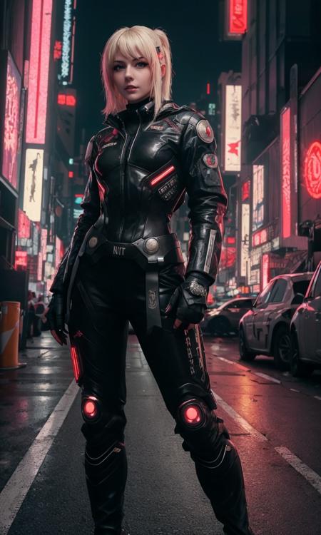 meggii2023, 1 girl,  uhd, best quality, masterpiece, photorealistic, ornage hair, cyberpunk , cyberninja suit, full body suit, genji suit, cyberpunk city, cowboy shot, cowboy shot, raw image,