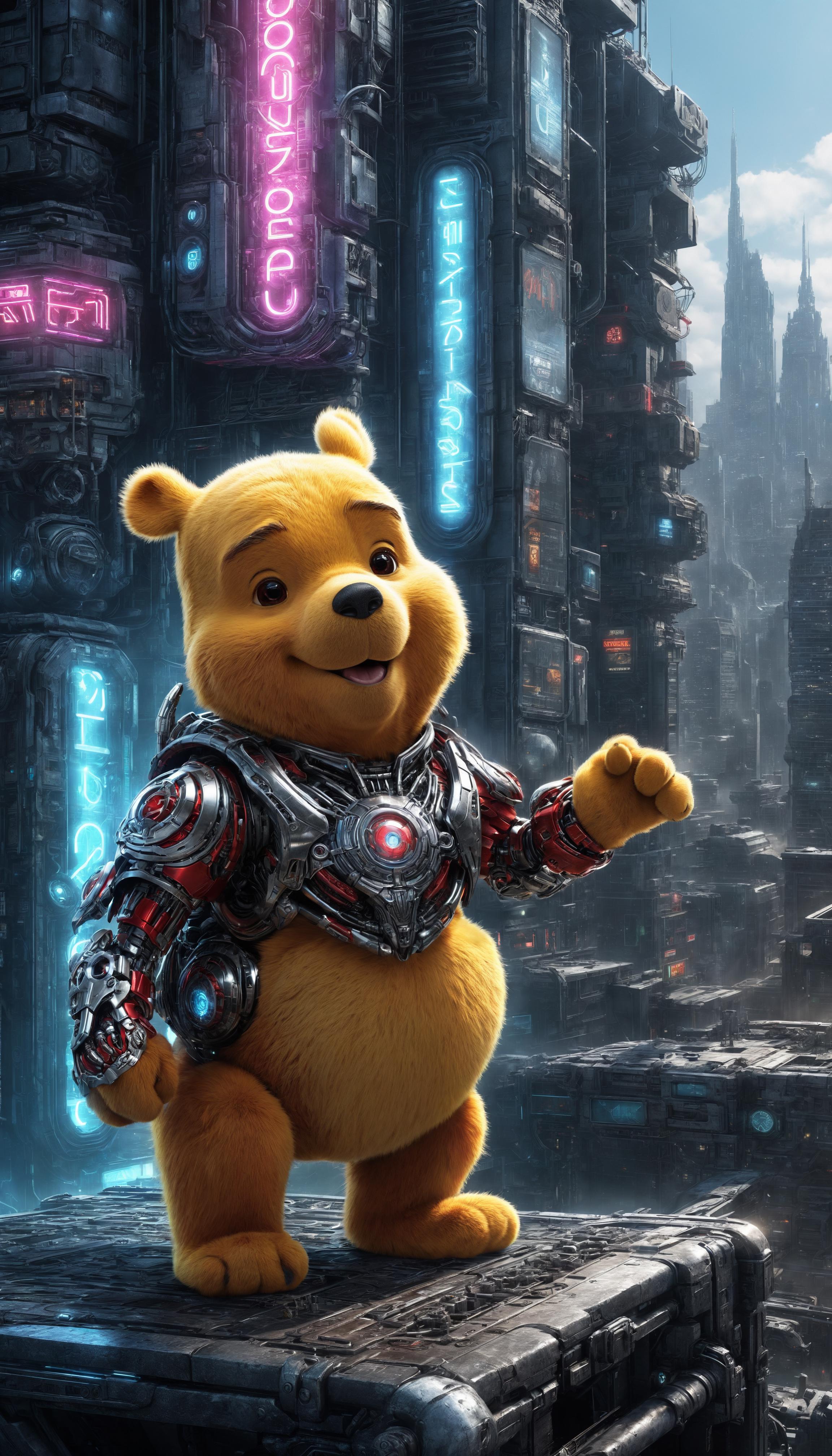 A cartoon yellow teddy bear wearing a silver space suit.