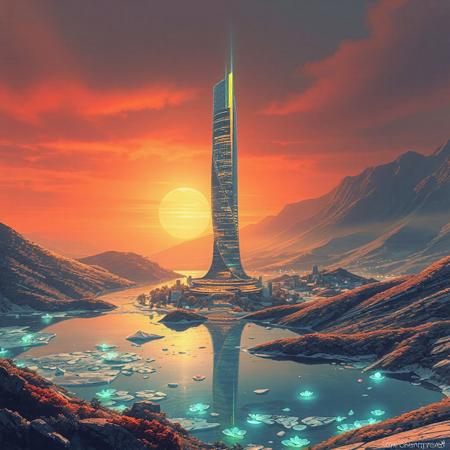 Planet Xylophia-IV, a stunning celestial body known for its breathtaking landscapes, making it an attractive destination for human colonization and terraforming efforts in the late 22nd century.
Soft, serene sky with reds and oranges
A tranquil, crystal-clear  ice lake reflects the aurora's ethereal dance, its surface dotted with lotus-like, bioluminescent flora that pulse in harmony with the planet's natural energy; undulating, emerald-green hills rise gently, covered in a lush, alien vegetation that shimmers with a subtle, rainbow hue; the rugged, ruby mountain range stretches across the horizon, its peaks hiding ancient, alien ruins and mysterious energy sources.
The center object is a majestic, spiral-shaped skyscraper, that pierces the sky, its surface adorned with a latticework of neon-lit, retro-futuristic accents; the spire serves as New Eden's heart, housing the colony's administration, a renowned intergalactic research center, and a luxurious, zero-gravity hotel.
As the dual suns dip below the horizon, New Eden transforms with a warm, golden lighting scheme, accentuating the retro-futuristic elements and casting a magical glow across the landscape.
Panoramic shot from a elevated vantage point, capturing the entirety of New Eden, the lake, and the majestic distant mountain ridge.