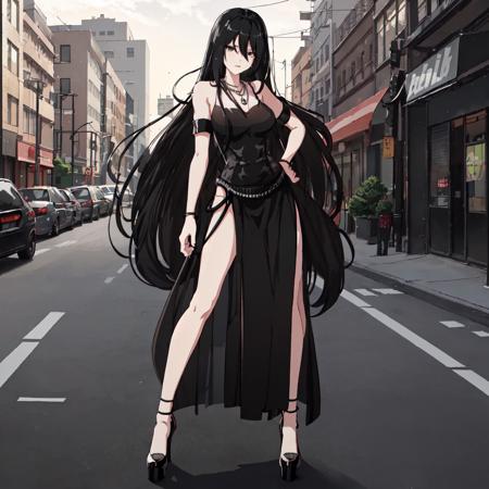 Mew, 1girl, solo, long hair, black hair, hair between eyes, bare shoulders, shoes, necklace, black footwear, black eyes, black dress, high heels