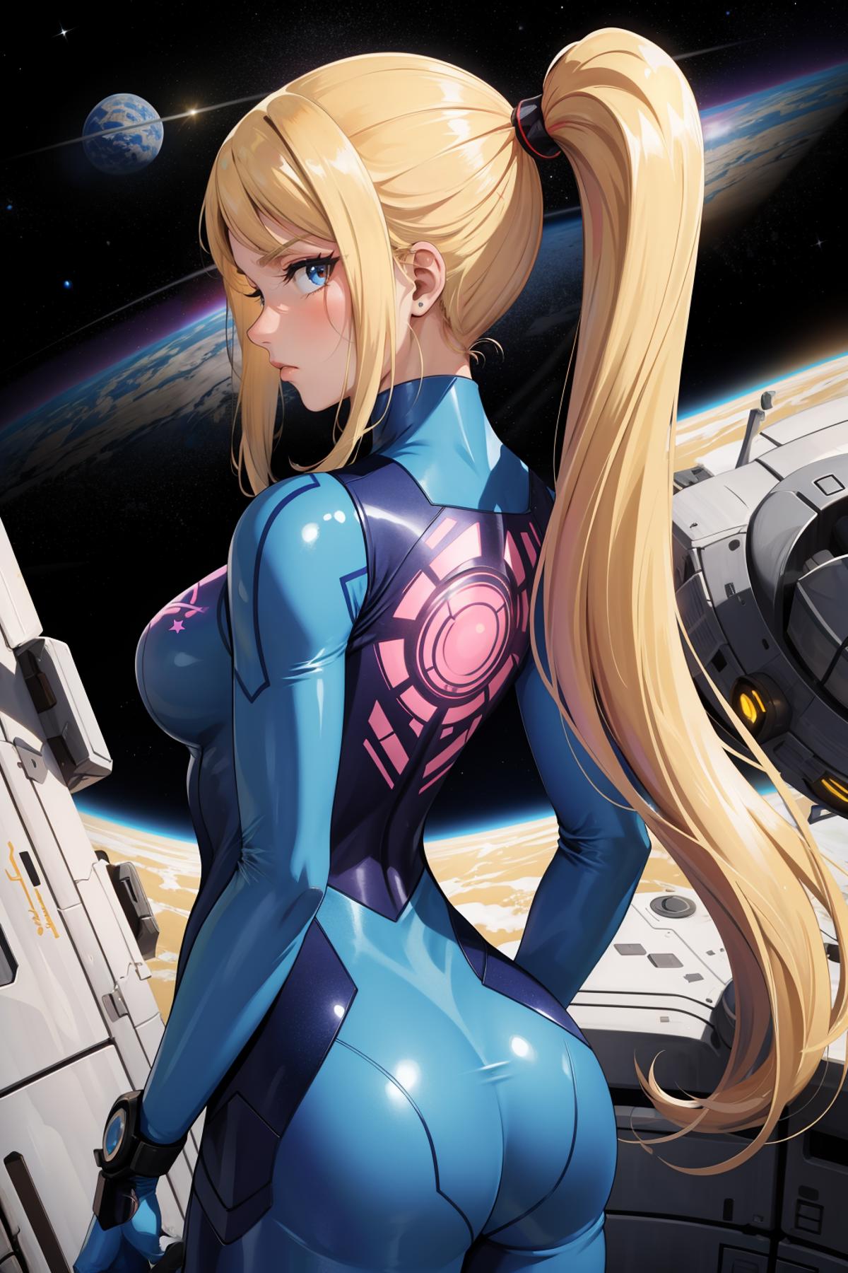 Anime girl with long blonde hair and blue eyes in a blue bodysuit stands in front of a space shuttle.