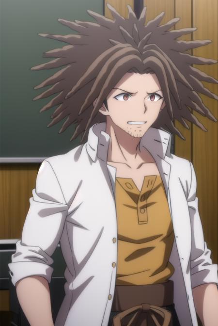 yasuhirohagakure, <lora:yasuhiro hagakure s1-lora-nochekaiser:1>,
yasuhiro hagakure, bangs, brown hair, (brown eyes:1.3), male focus, facial hair, dreadlocks, smile, grin,
BREAK shirt, collarbone, jacket, white shirt, open clothes, collared shirt, open jacket, black jacket, dress shirt, brown shirt,
BREAK indoors, classroom,
BREAK looking at viewer, (cowboy shot:1.5),
BREAK <lyco:GoodHands-beta2:1>, (masterpiece:1.2), best quality, high resolution, unity 8k wallpaper, (illustration:0.8), (beautiful detailed eyes:1.6), extremely detailed face, perfect lighting, extremely detailed CG, (perfect hands, perfect anatomy),