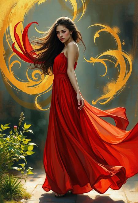 A woman in a flowing red dress stands in a sunlit garden, but as she moves, her form dissolves into swirling, golden abstract patterns that ripple like sound waves., contemporary urban realism meets ethereal literary illustration, powerful female portraiture with atmospheric storytelling, classical oil technique fused with delicate watercolor textures, street art aesthetics blended with gothic romanticism, rich earthy tones layered with soft muted pastels, expressive brushwork and intricate costume detail, textured urban settings with fairytale undertones, emotional realism meets dreamlike composition, cultural identity portrayed through poetic environments, symbolic backgrounds with moody light, narrative portraiture infused with mystery, realism and fantasy in intimate balance