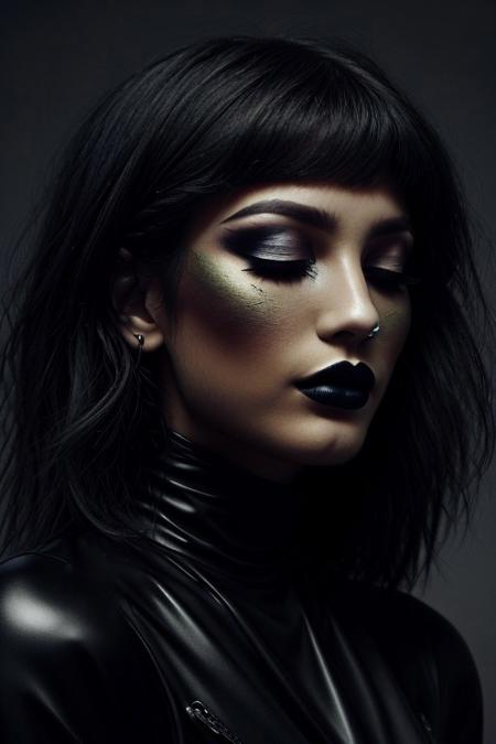The image is a high-resolution photograph of a person with an ethereal, surreal aesthetic. The subject is a woman with a striking, statuesque appearance, her face and body draped in a dark, almost black, high-fashion ensemble. She has her eyes closed, giving an impression of serenity or contemplation. Her makeup is dramatic, with dark, matte lipstick and eyeshadow that matches the dark tones of her attire.