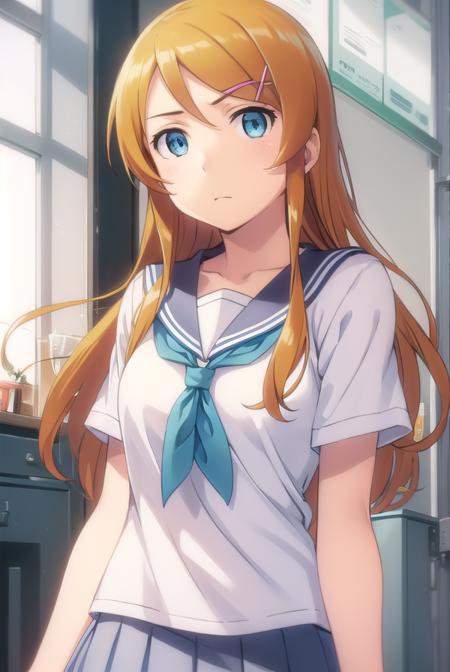 kirinokousaka, <lora:kirino kousaka s2-lora-nochekaiser:1>,
kirino kousaka, long hair, blue eyes, hair ornament, hairclip, orange hair, aqua eyes,
BREAK skirt, school uniform, serafuku, shirt, white shirt, grey sailor collar, grey skirt, pleated skirt, neckerchief, pink neckerchief,
BREAK indoors, classroom,
BREAK looking at viewer, (cowboy shot:1.5),
BREAK <lyco:GoodHands-beta2:1>, (masterpiece:1.2), best quality, high resolution, unity 8k wallpaper, (illustration:0.8), (beautiful detailed eyes:1.6), extremely detailed face, perfect lighting, extremely detailed CG, (perfect hands, perfect anatomy),