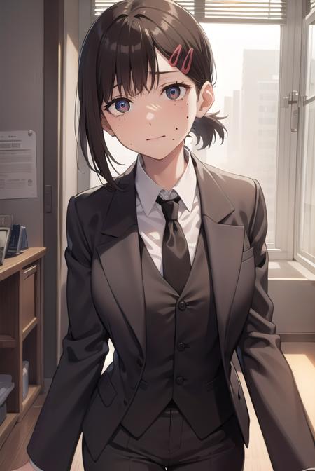 kobenihigashiyama, <lora:kobenihigashiyamatest:1>,
kobeni higashiyama, black hair, hair ornament, hairclip, mole, mole under eye, ponytail, short hair, (brown eyes:1.5), (small breast:1.2),
BREAK black necktie, black pants, business suit, formal, long sleeves, necktie, pants, suit, 
BREAK looking at viewer,
BREAK indoors, classroom,
BREAK <lora:GoodHands-vanilla:1>, (masterpiece:1.2), best quality, high resolution, unity 8k wallpaper, (illustration:0.8), (beautiful detailed eyes:1.6), extremely detailed face, perfect lighting, extremely detailed CG, (perfect hands, perfect anatomy),