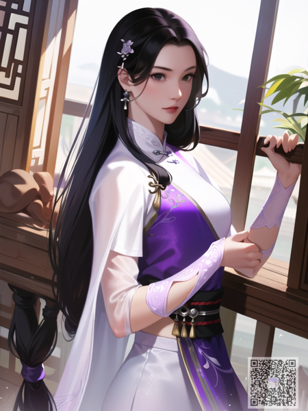 <lora:sowrd_and_fairy_linyueru_lora_v1.0:1> linyueru \(sword and fairy\), 1girl, solo, black eyes, detailed eyes, beautiful eyes, hair ornament, long hair, black hair, earrings, jewelry, medium breasts, purple dress, long sleeves, chinese clothes, purple clothes, purple footwear, upper body, lips