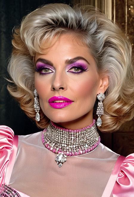 1boy,
A highly detailed best quality photography from the (year 1986:1.5) shows Debra, a slim (mature) American femboy in a contemporary bar room. He leans lasciviously on a stylish chaise longue, half sitting, half lying down and looks at the viewer with a demeaning and arrogant smile on his face. 
The androgynous face of the Sissy with(narrow-set) wide open light grey eyes, (big crucked nose), (wide lower jaw) and an (underbite) is (odd) but tells the interesting story of a live. The aged skin is wrinkled and shows agespots.  The intricate wavy long white hair with (pink highlights) is elaborated. A heavy collar choker adornes the neck. He wears precious jewelry, Creole earrings and bangle bracelets. The stunning and extravagant (1980s style evening dress:1.5) results no cleavage because of a (flat male chest:1.5). The 1980s style decadent and modern furnished room is painted in changing purple and silver colors. Futuristic wall lights create an intimate, subtle lighting atmosphere.