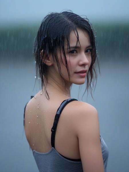 rain, in the rain, sea, woman, streaked hair, tank_top, bra, <lora:sl_lye:0.8>