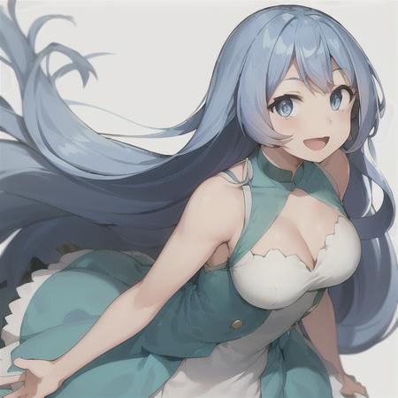 nejire hado, 1girl, solo, long hair, breasts, looking at viewer, smile, open mouth, bangs, blue eyes, simple background, white background, dress, bare shoulders, medium breasts, very long hair, blue hair, :d, sleeveless, sleeveless dress, blue dress,  <lora:NejireHadoLoRA-10:0.5>