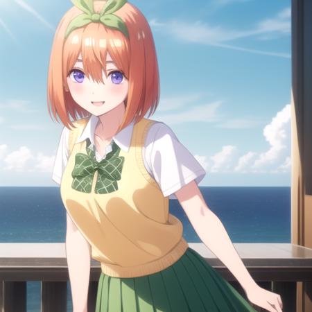 ((masterpiece)),(best quality),official art,extremely detailed CG,unity 8k wallpaper,ultra detailed,A lighthouse on a cliff by the sea,1girl,solo,cowboy shot,white_shirt,smile,green_ribbon,bangs,pleated_skirt,green_skirt,short_sleeves,yellow_sweater_vest,hair_ribbon,collared_shirt,blush,green_bow,hair_between_eyes,orange_hair,purple_eyes,eyebrows_hidden_by_hair,looking_at_viewer,school_uniform,v-shaped_eyebrows,medium breasts,short_hair,<lora:Nakano Yotsuba(tqq)>,