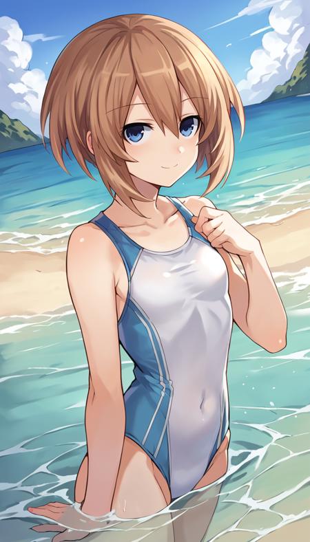 Blanc \(neptunia)\, brown hair, blue eyes, short hair hat, ribbon, long sleeves, wide sleeves, off shoulder, bare shoulders, short dress, coat, fur trim, ankle ribbon,