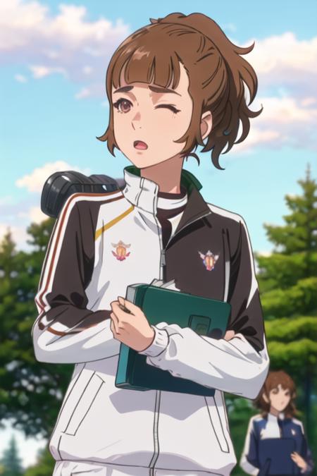 best quality, masterpiece, highres, solo, {saotome_ichina_birdiewinggolfgirlsstory:1.15}, brown_hair, short_hair, ponytail, bangs, open_mouth, brown_eyes, 1girl, closed_eyes, day, jacket, outdoors, sky, blue_sky, closed_mouth, cloud, white_jacket, blurry_background, tree, blurry, book, holding, holding_book, long_sleeves, track_jacket, upper_body