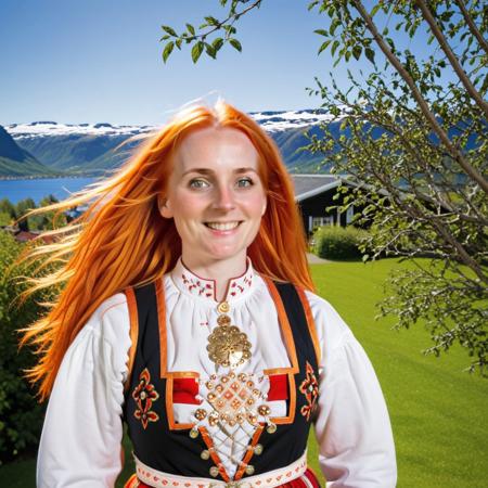 Female character, orange hair, long hair, pale skin, brown eyes, natural eyebrows, orange eyebrows, bunad, norwegian bunad, norwegian folklore dress, norwegian folklore costume, red bunad, outdoors, park, garden, sunny weather, happy, nose piercing, septum piercing